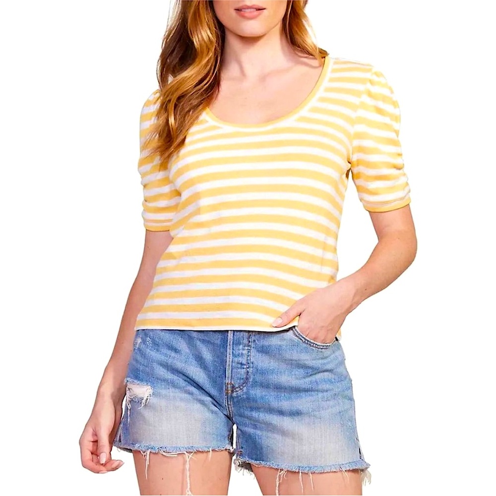 BB Dakota Plot Twist Puff Sleeve Top in Lemon Drop Stripes M